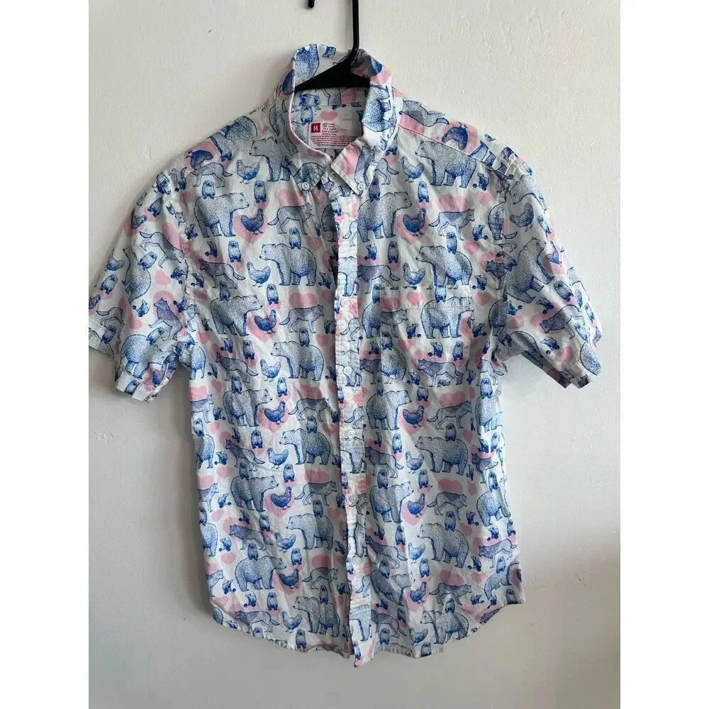 Animal Print Short Sleeve Button-Down Casual Shirt Size Medium